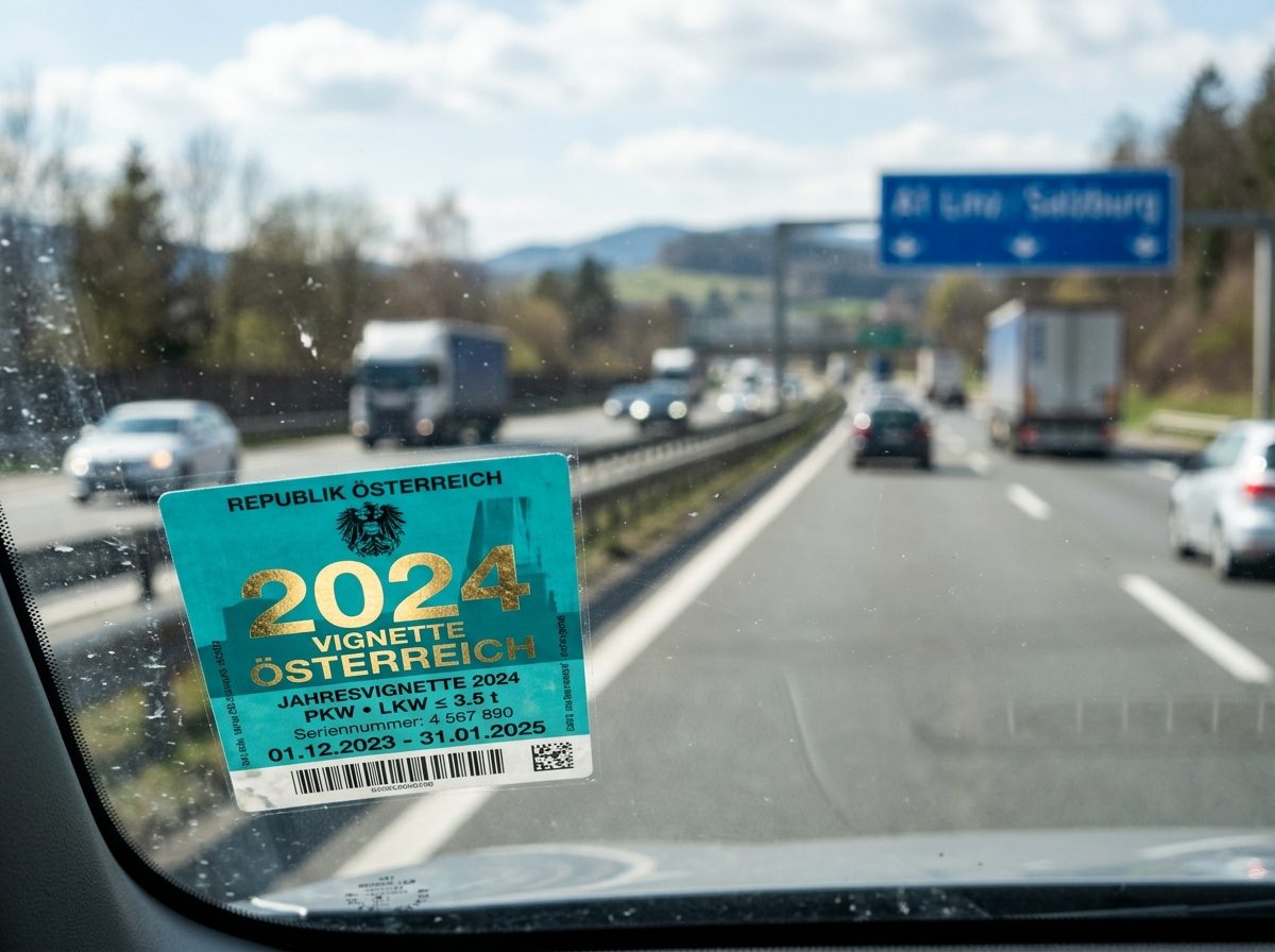 Österreichische Autobahn-Vignette an der Windschutzscheibe